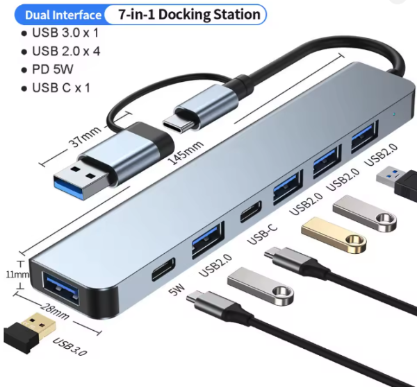 Hub USB C Hub USB 3.0, extensor USB 7 en 1 de aluminio, divisor USB con USB 3.0, distribuidor USB de 4 puertos